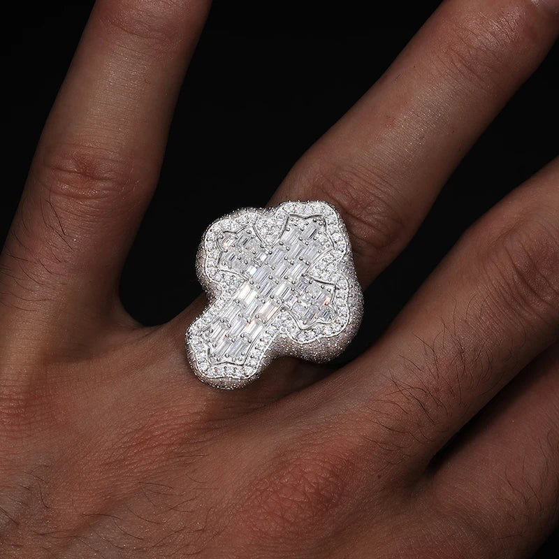 S925 Moissanite BAGUETTE CROSS PAVED DIAMOND RING - White Gold