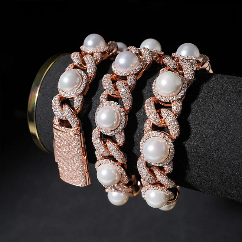 S925 Rose Gold Moissanite Iced Pearl Cuban Chain - 15mm