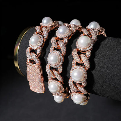 S925 Rose Gold Moissanite Iced Pearl Cuban Chain - 15mm