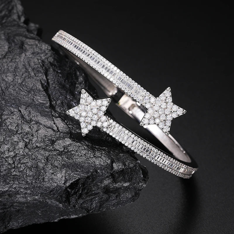S925 Moissanite Paved Star Baguette Bangle