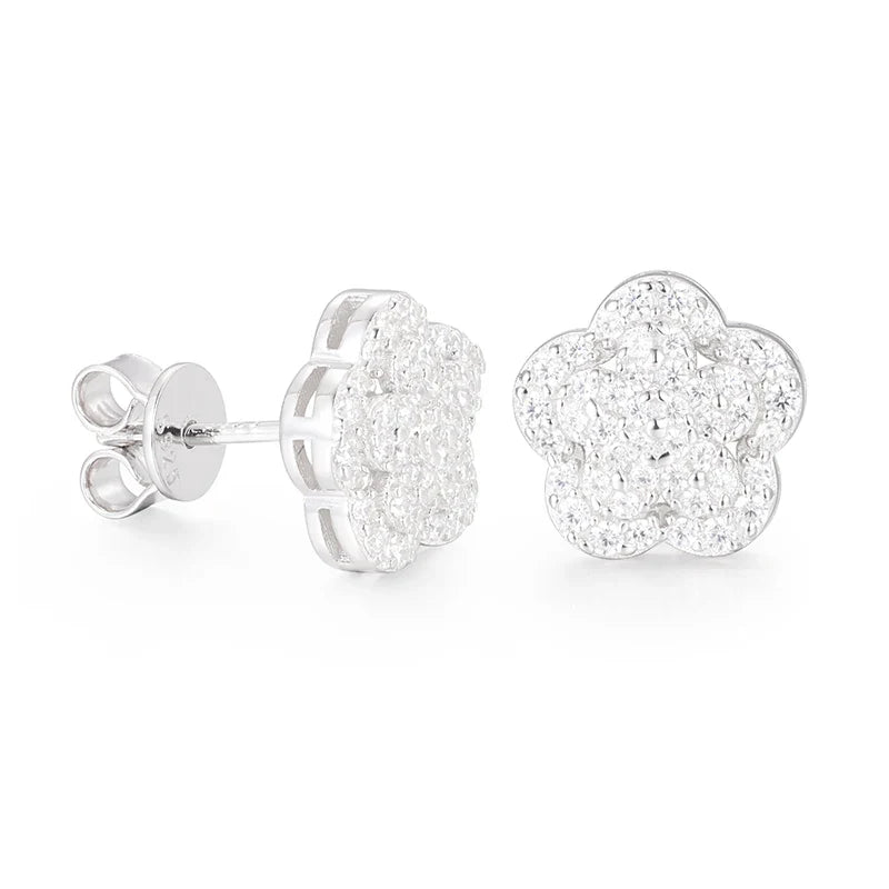 S925 Moissanite Lotus Stud Earrings - White Gold