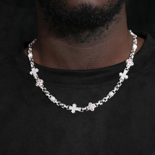 S925 Moissanite Clover Leaf Cross Link Necklace or Bracelet in White Gold - 12mm