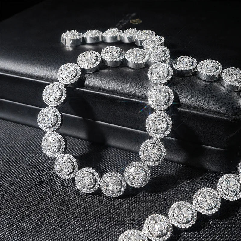 White Gold Round Cut Halo Tennis Chain Necklace - 13mm