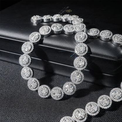 White Gold Round Cut Halo Tennis Chain Necklace - 13mm