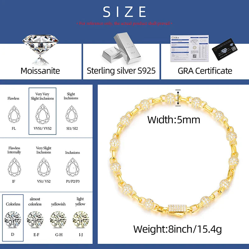 5MM VVS1 Moissanite Iced Ball Box Link Bracelet - Gold/White Gold