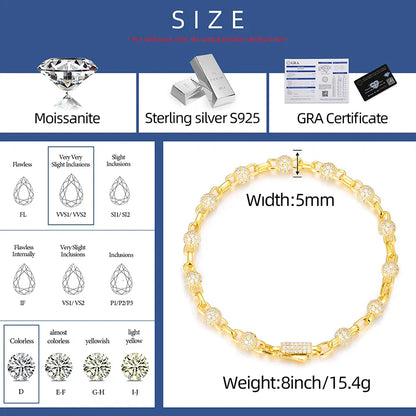5MM VVS1 Moissanite Iced Ball Box Link Bracelet - Gold/White Gold