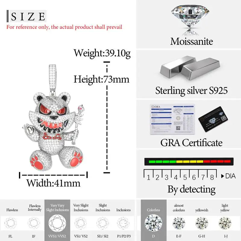 S925 Moissanite Wizard Violent Bear Pendant