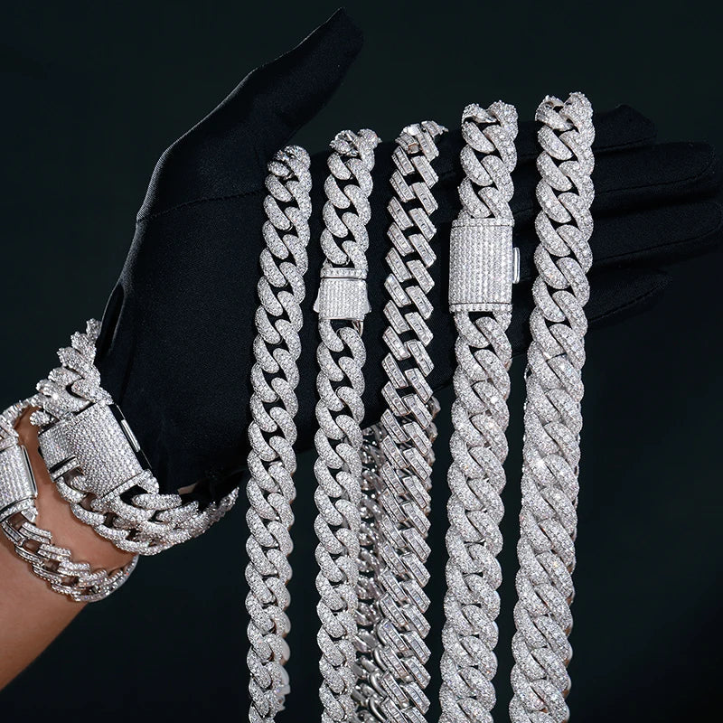 18MM ICED OUT DIAMOND CURVE CUBAN LINK CHAIN NECKLACE - WHITE GOLD