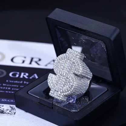 S925 Moissanite Diamond Dollar Sign Ring - White Gold