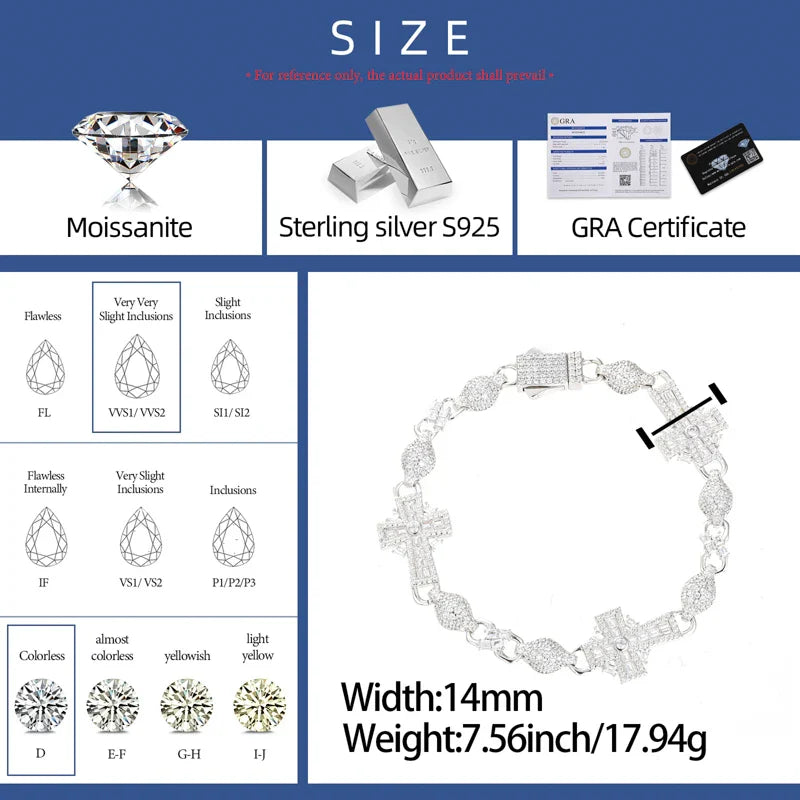 S925 Moissanite Diamond Iced Royal Cross Link Bracelet - 14mm