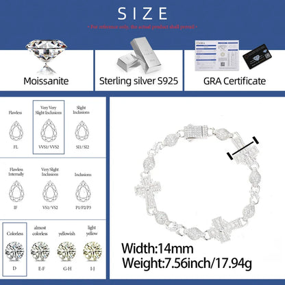 S925 Moissanite Diamond Iced Royal Cross Link Bracelet - 14mm