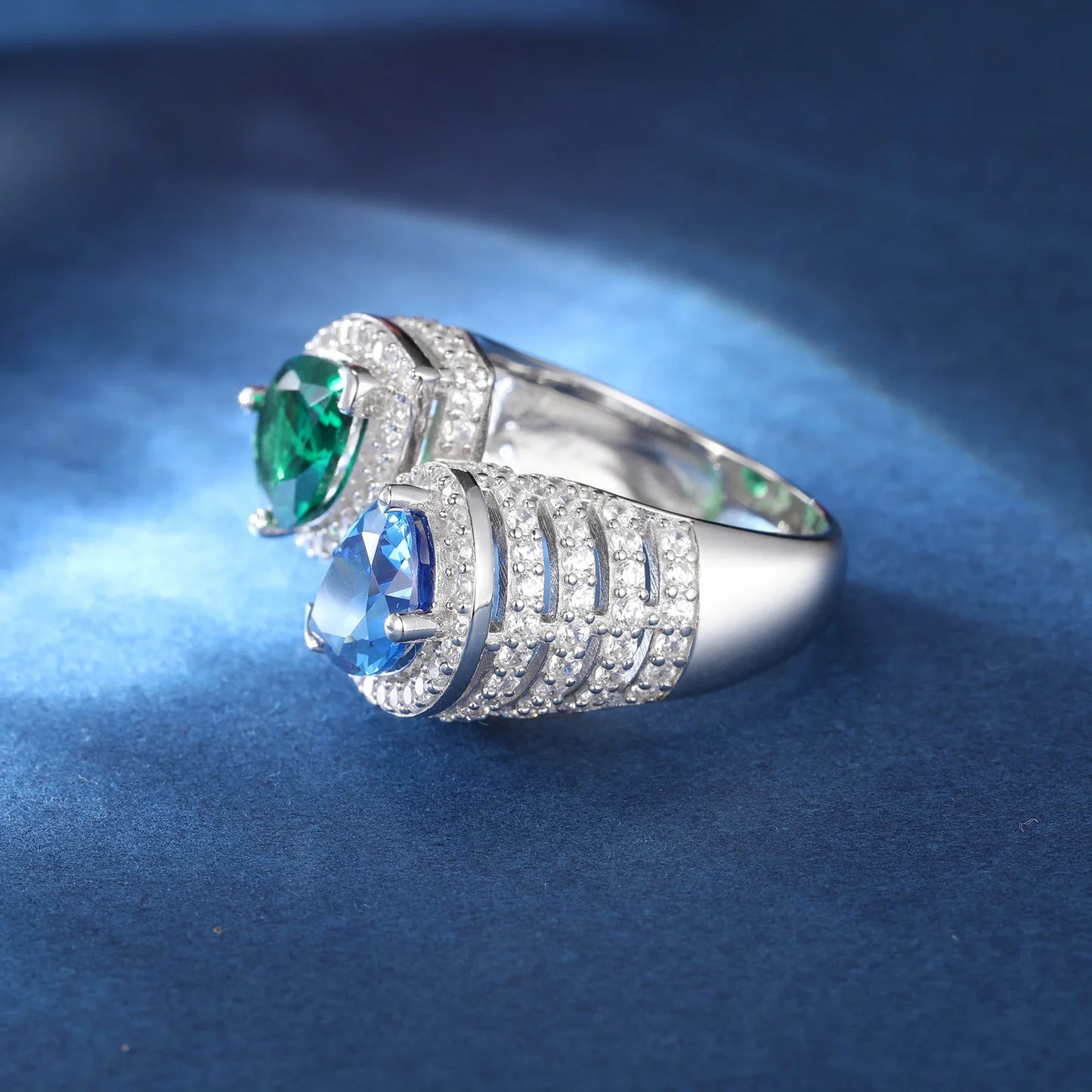 S925 Moissanite Blue & Green Gem Ring