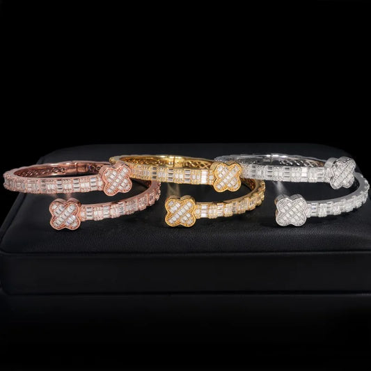 S925 Moissanite Baguette Clover Diamond Bangle
