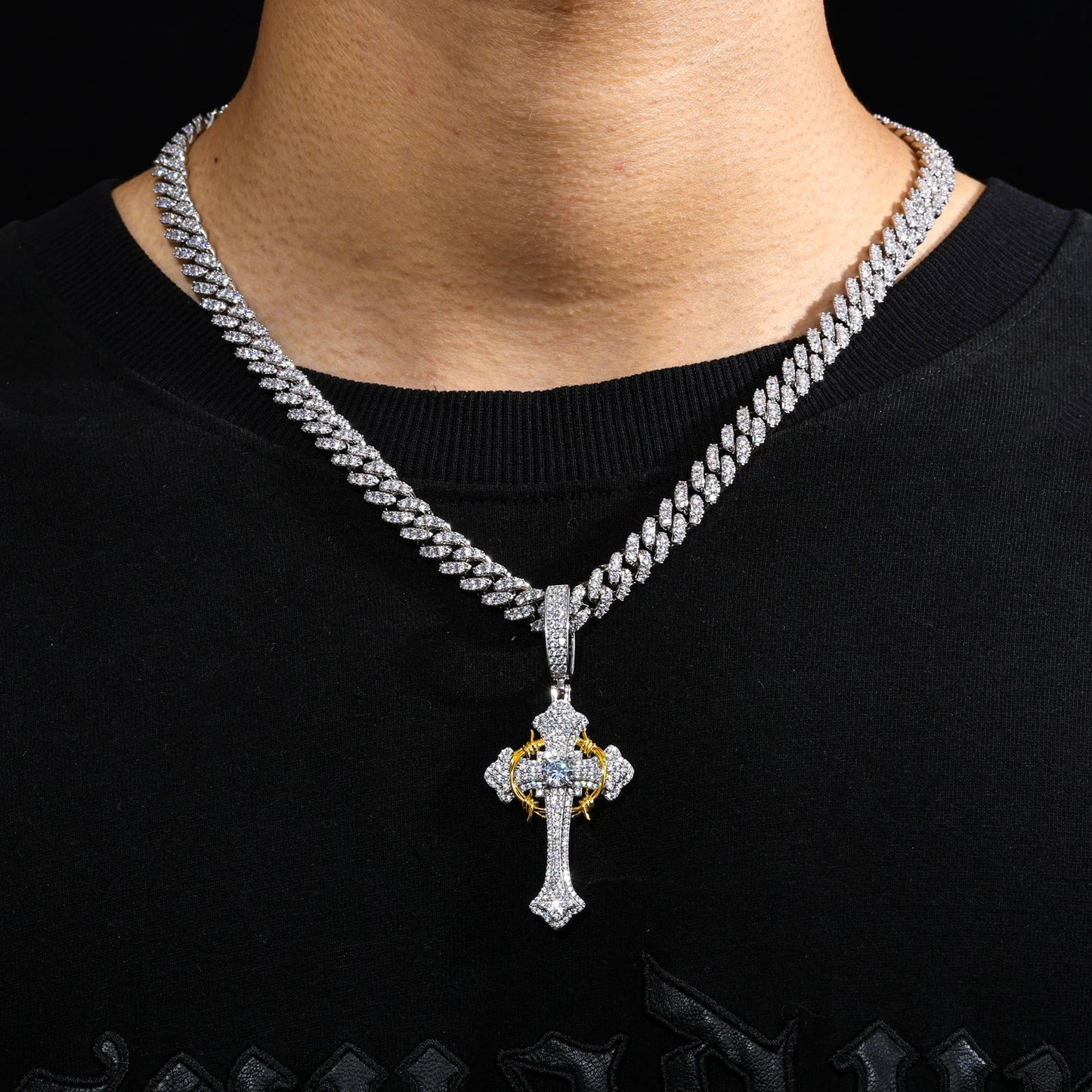 S925 Moissanite Two-Tone Cross Pendant with Crown Halo Detail
