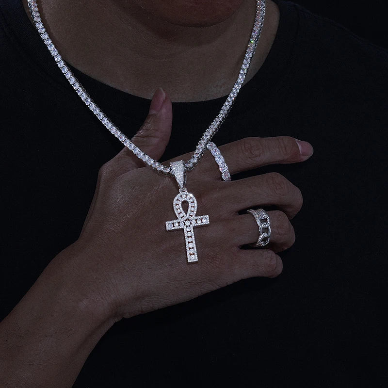 S925 Moissanite Tennis Ankh Cross Pendant