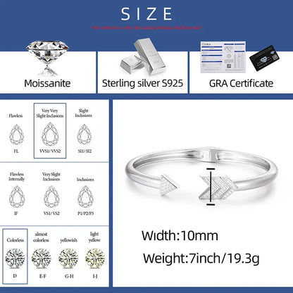 New S925 VVS Moissanite Premium Arrow Sterling Silver Men Cuff Bracelet