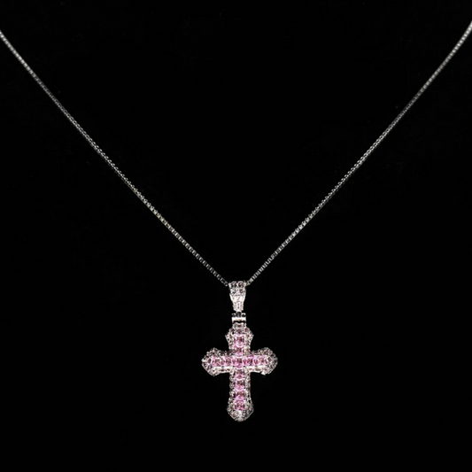 925 Sterling Silver Pink Baguette Cross Pendant