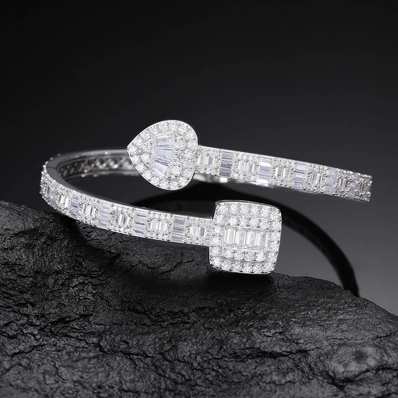 S925 Moissanite Baguette Heart-Square Diamond Bangle