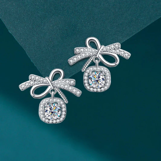 Women's S925 Moissanite Ribbon Bowknot Tie Stud Earrings