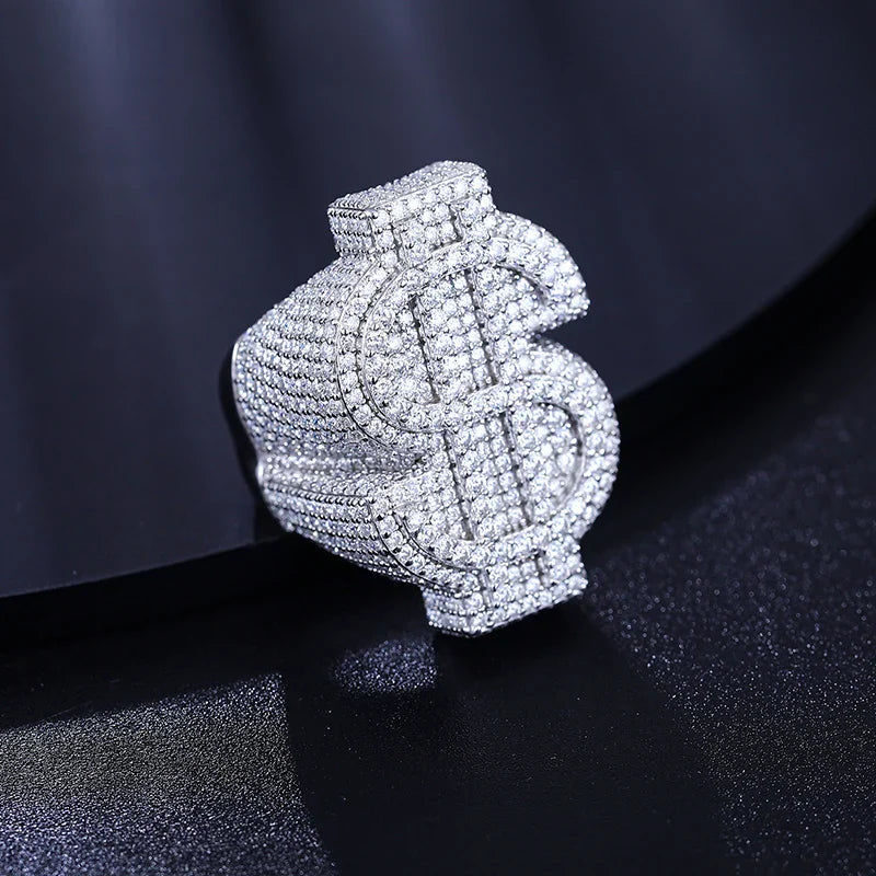 S925 Moissanite Diamond Dollar Sign Ring - White Gold