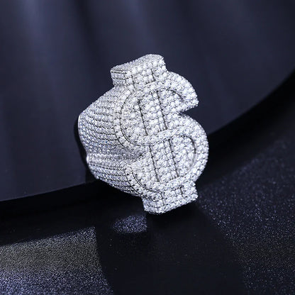 S925 Moissanite Diamond Dollar Sign Ring - White Gold