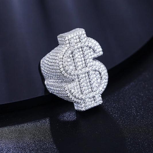 S925 Moissanite Diamond Dollar Sign Ring - White Gold