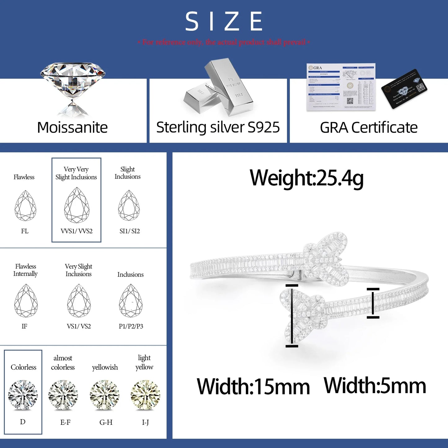 S925 Moissanite Butterfly Baguette Diamond Bangle