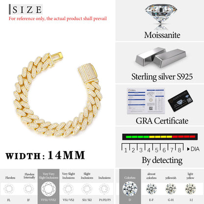 S925 Moissanite Baguette Diamond Cuban Link Bracelet - 14mm
