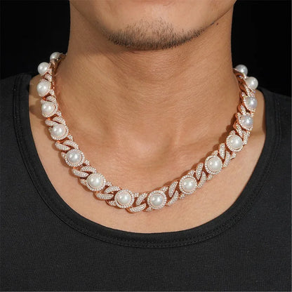 S925 Rose Gold Moissanite Iced Pearl Cuban Chain - 15mm