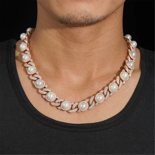 S925 Rose Gold Moissanite Iced Pearl Cuban Chain - 15mm