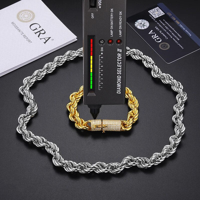 925 Sterling Silver 6MM/12MM Twist Rope Chain Necklace With Moissanite Clasp