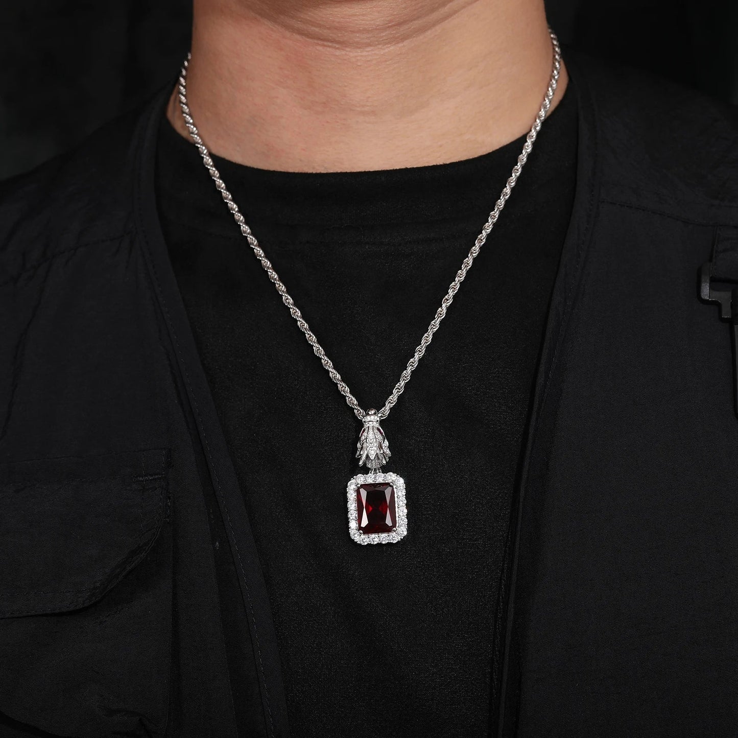 S925 Domineering Triangle Dragon Head Bail Red Gem Pendant Necklace