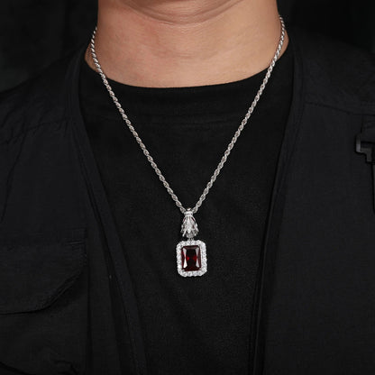 S925 Domineering Triangle Dragon Head Bail Red Gem Pendant Necklace