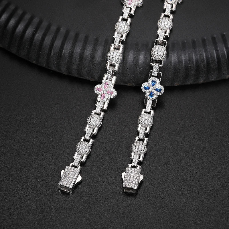 S925 Moissanite Clover Ball Stationed Link Chain Necklace or Bracelet - 10mm