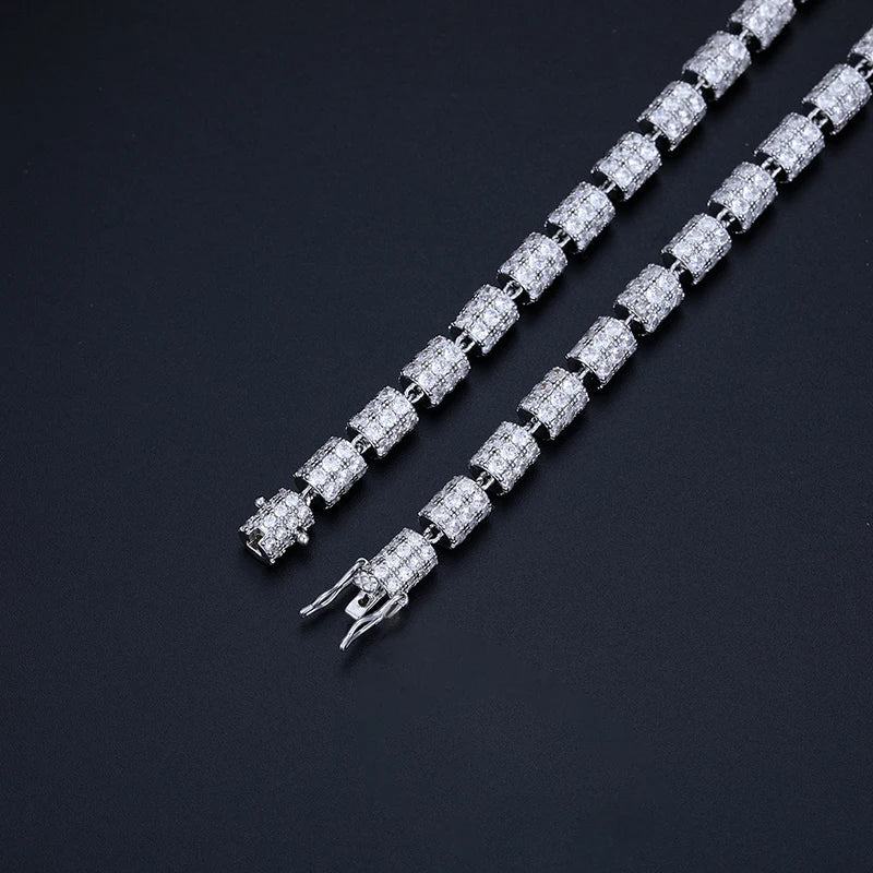 S925 White Gold Moissanite Cylindrical Iced-Out Diamond Necklace Chain - 7mm