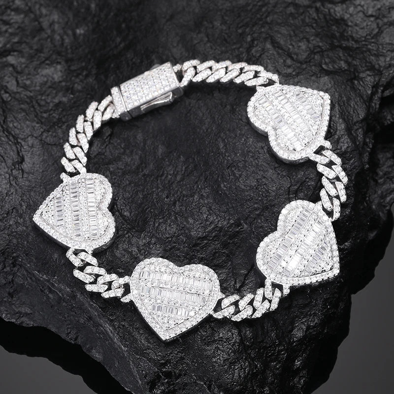 S925 Moissanite Diamond Baguette Heart Cuban Link Bracelet