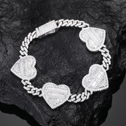 S925 Moissanite Diamond Baguette Heart Cuban Link Bracelet