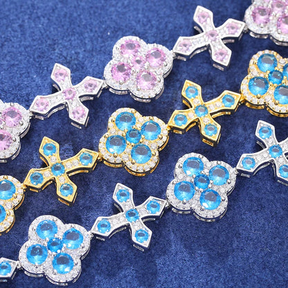 S925 Iced Frosty Flower Cross Link Bracelet - 14mm