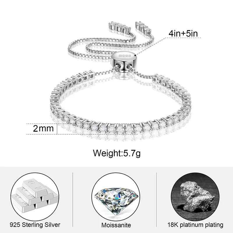 2/3mm S925 Moissanite Adjustable Tennis Bracelet - White Gold