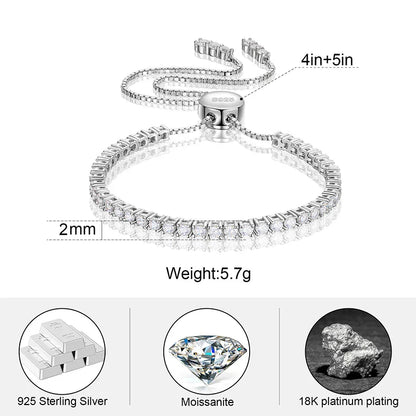 2/3mm S925 Moissanite Adjustable Tennis Bracelet - White Gold