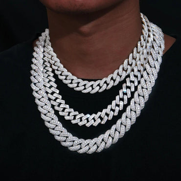 18MM ICED OUT DIAMOND CURVE CUBAN LINK CHAIN NECKLACE - WHITE GOLD