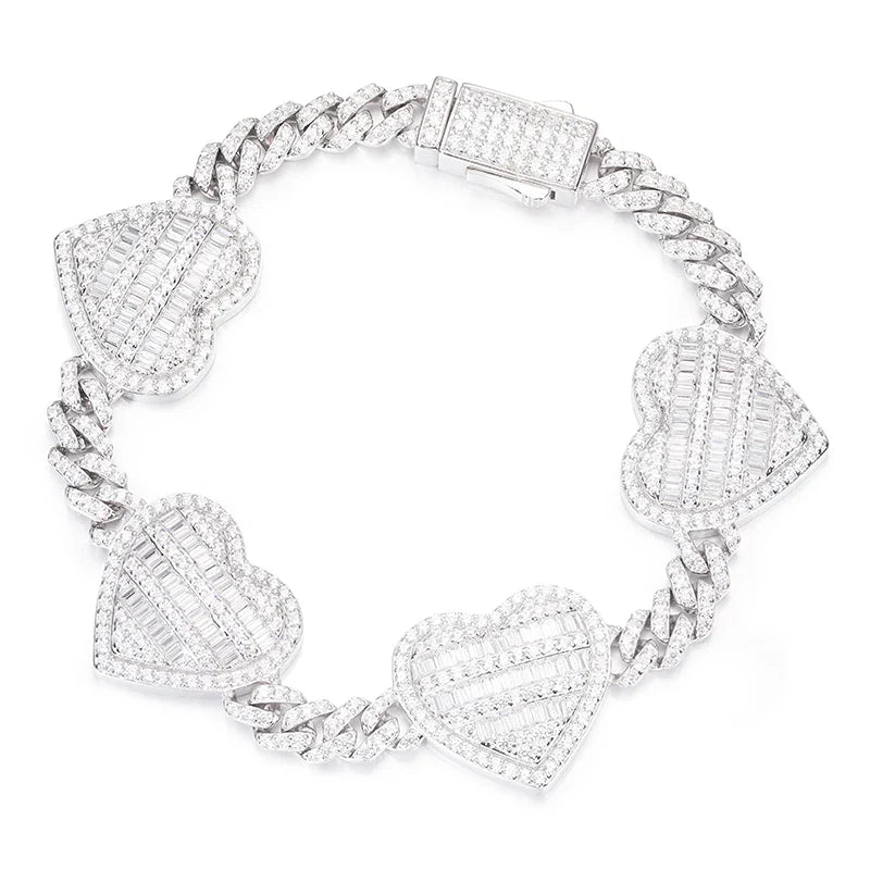 S925 Moissanite Diamond Baguette Heart Cuban Link Bracelet