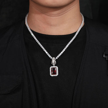S925 Domineering Triangle Dragon Head Bail Red Gem Pendant Necklace