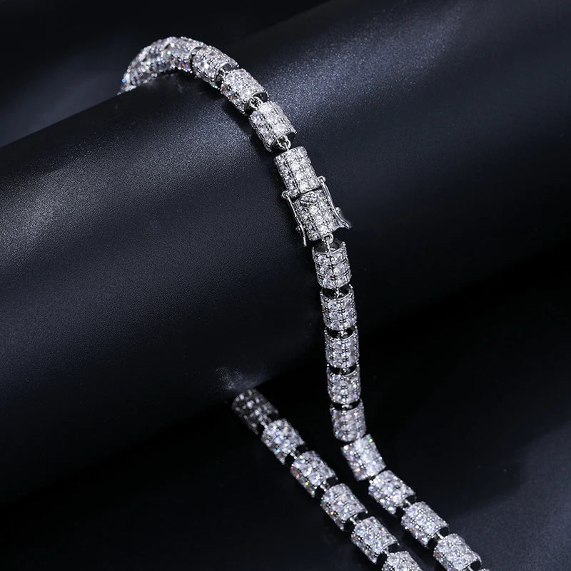 S925 White Gold Moissanite Cylindrical Iced-Out Diamond Necklace Chain - 7mm