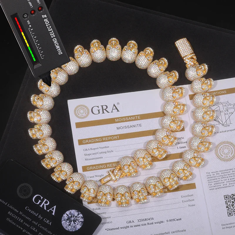 S925 Moissanite Skull Link Chain Bracelet - 12mm