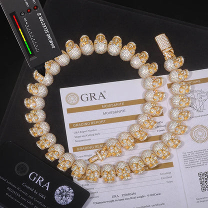 S925 Moissanite Skull Link Chain Bracelet - 12mm