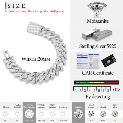 S925 3 ROWS MOISSANITE DIAMOND PRONG LINK CUBAN BRACELET - 19MM
