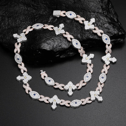 S925 Moissanite Devil Eye Cross Infinity Cuban Link Chain Bracelet or Necklace - 19.5mm