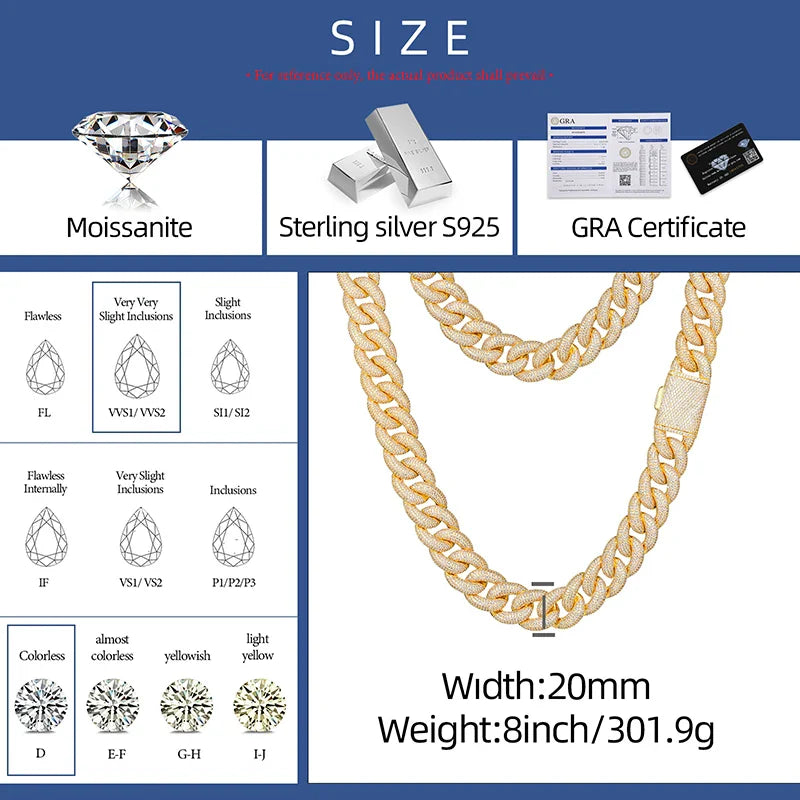 20mm S925 Moissanite Curb Cuban Chain