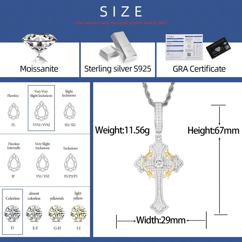 S925 Moissanite Two-Tone Cross Pendant with Crown Halo Detail